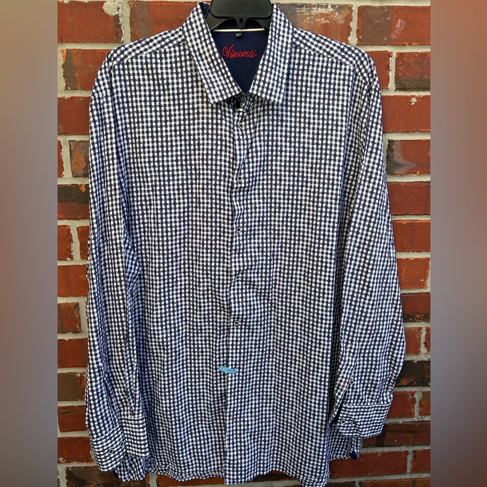 Visconti Designer Long Sleeve Button Down Blue White Geometric 3XLT Shirt Z1